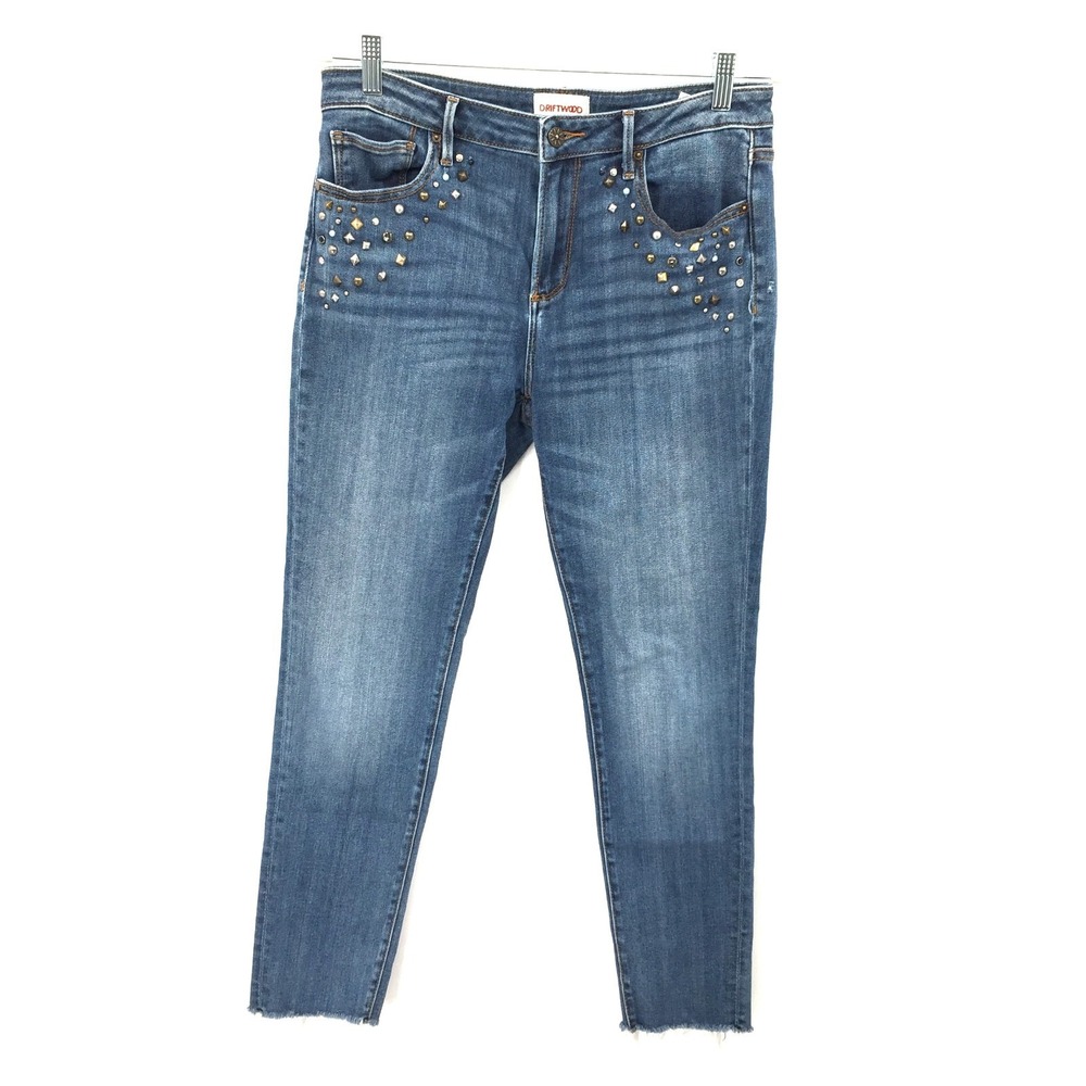 Driftwood Jackie denim studded cropped ankle raw hem jeans western 29